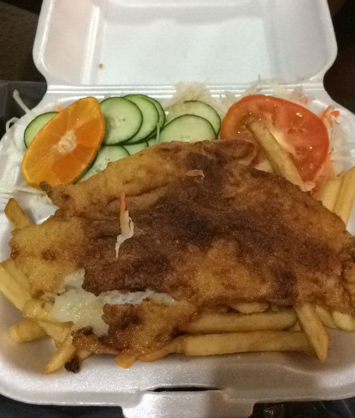 Fried fish and french fries take-out